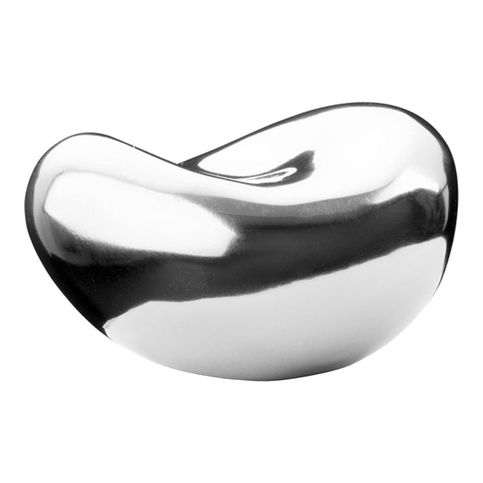 Silver metallic bean-shaped sculpture with a smooth, reflective surface and elegant curves.