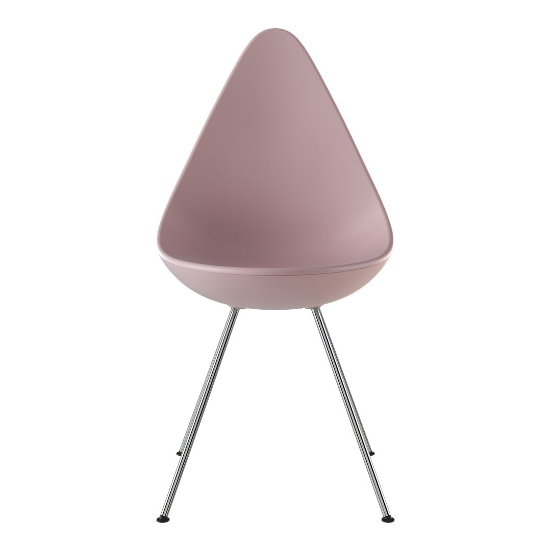 Pink teardrop chair with sleek silver legs, perfect for modern decor. Stylish and minimalistic design.