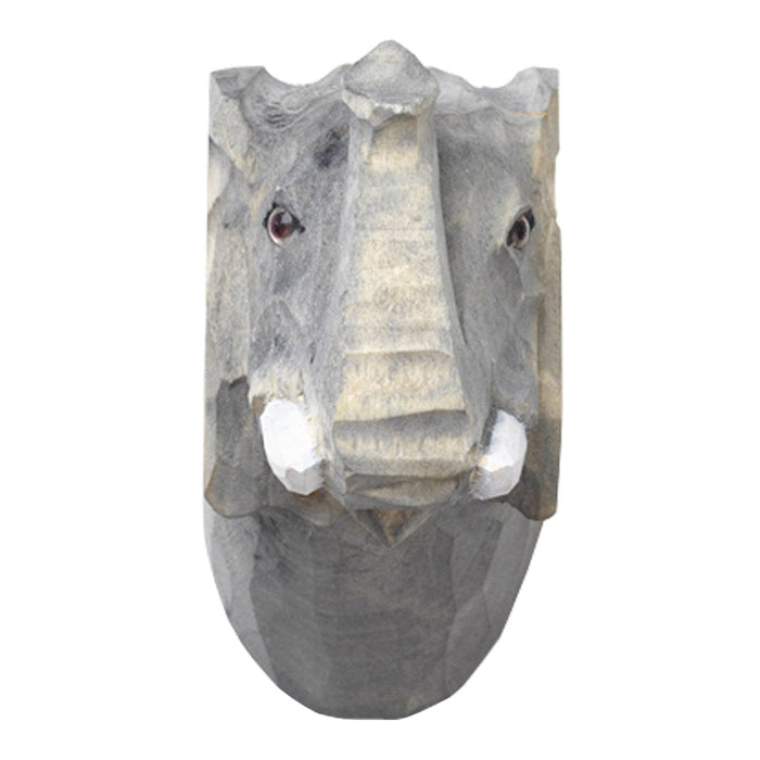 Gray elephant head wall decor with textured patterns and white tusks for a unique, rustic touch.