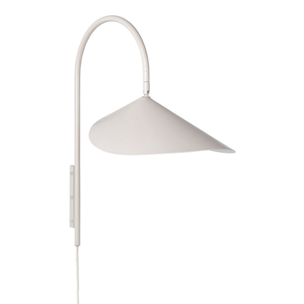 White wall lamp with a sleek, curved design and a conical shade, perfect for modern decor.
