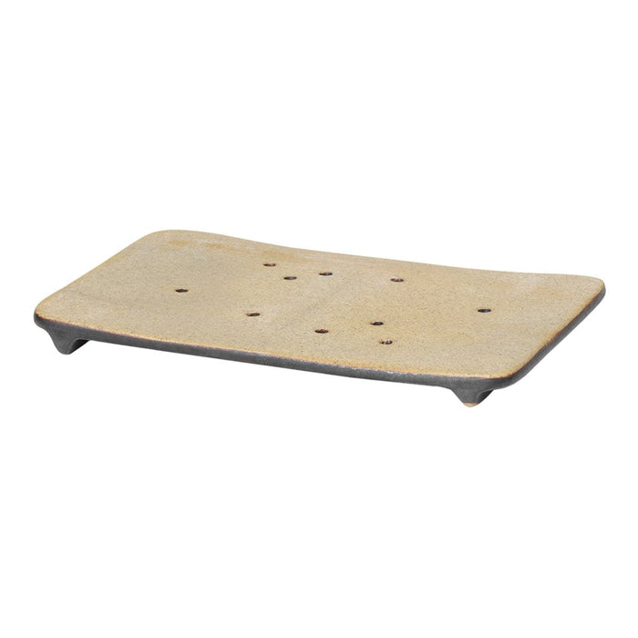 Beige and black rectangular plate with a smooth finish and subtle holes for drainage, perfect for decoration.