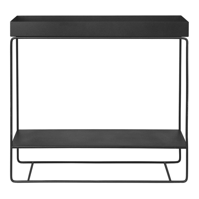 Sleek black metal console table with a minimalist design and open shelving. Modern and elegant style for any space.