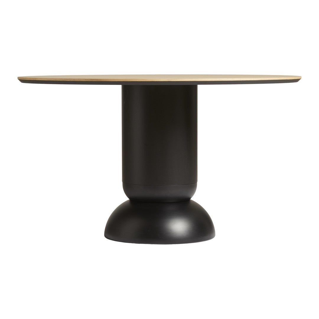 Round table with a natural wood top and matte black base, featuring a sleek, modern design.