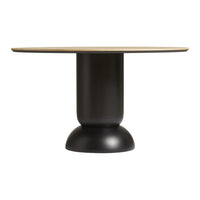Round table with a natural wood top and matte black base, featuring a sleek, modern design.