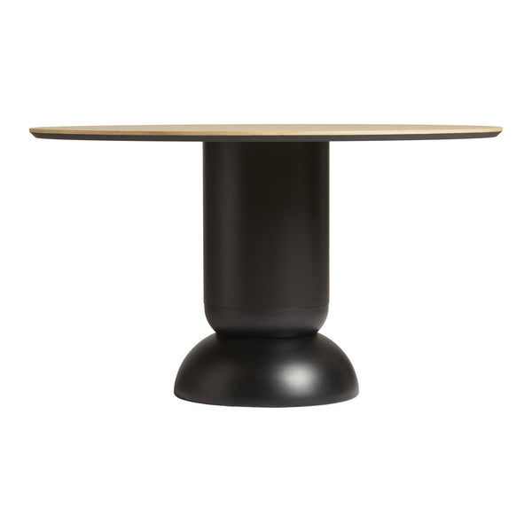 Round table with a natural wood top and matte black base, featuring a sleek, modern design.