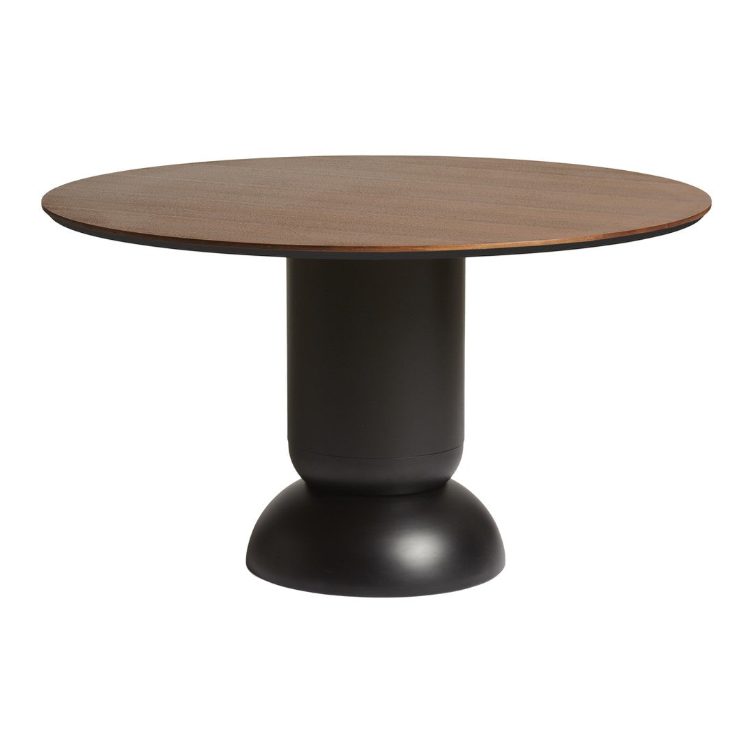 Round wooden dining table with a rich brown top and sleek black base, showcasing a modern design.