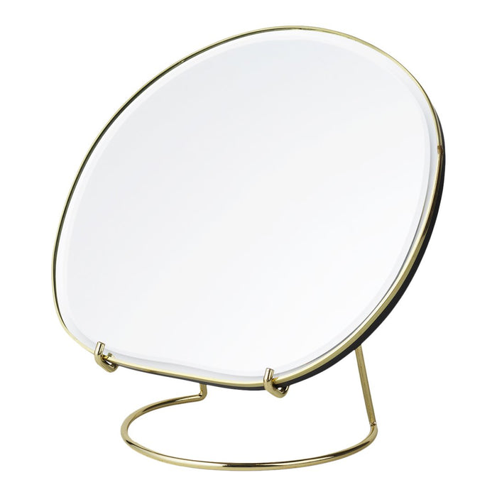 Round white mirror with a sleek gold frame, featuring a minimalist design and smooth surface for a modern aesthetic.