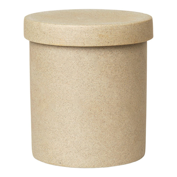 Beige cylindrical container with a smooth, matte finish and a matching lid, featuring a simple, minimalistic design.