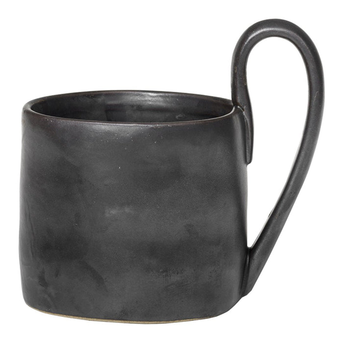 Stylish matte black ceramic mug with a sleek, modern design and unique curved handle. Perfect for any beverage.