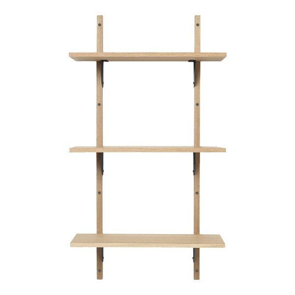Light wood wall shelf with three horizontal shelves and minimalistic design, featuring natural grain patterns.