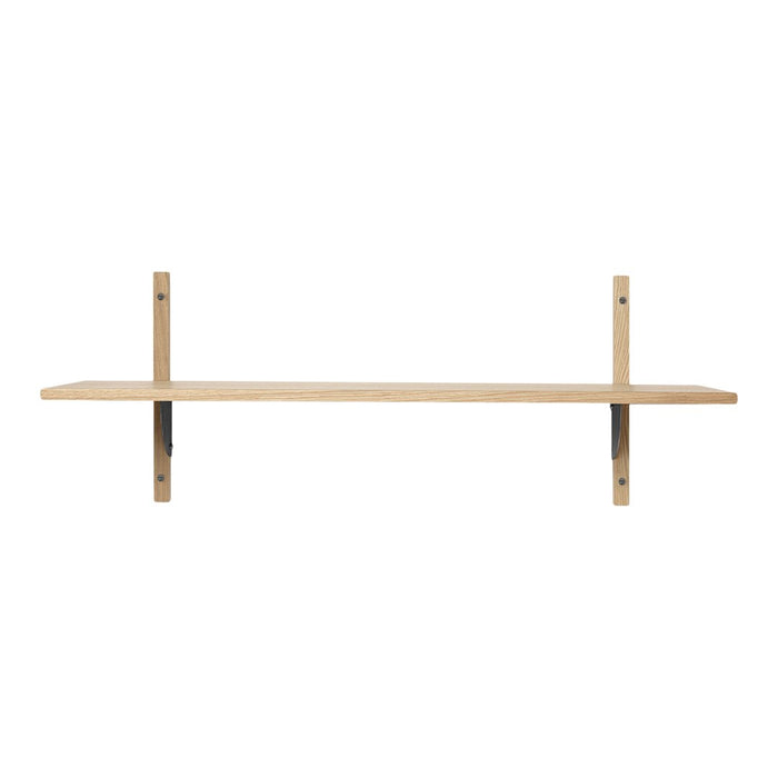 Light wood shelf with a minimalist design, featuring natural grain patterns and neutral-colored metal brackets.