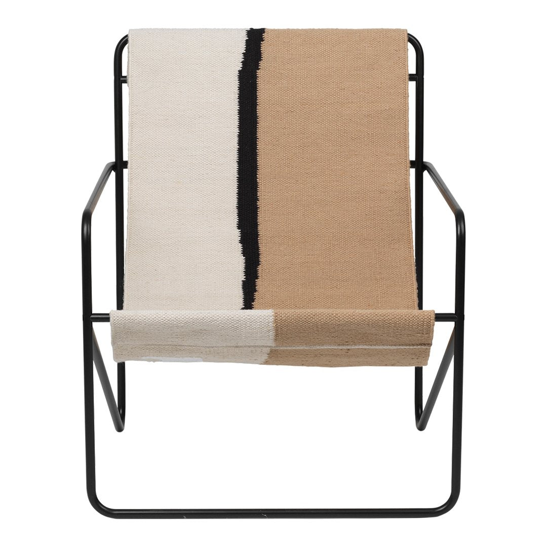 Beige, cream, and black patterned fabric chair on a sleek black metal frame. Modern design with a minimalist aesthetic.
