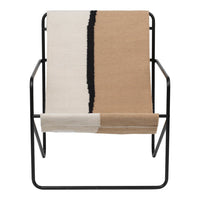 Beige, cream, and black patterned fabric chair on a sleek black metal frame. Modern design with a minimalist aesthetic.
