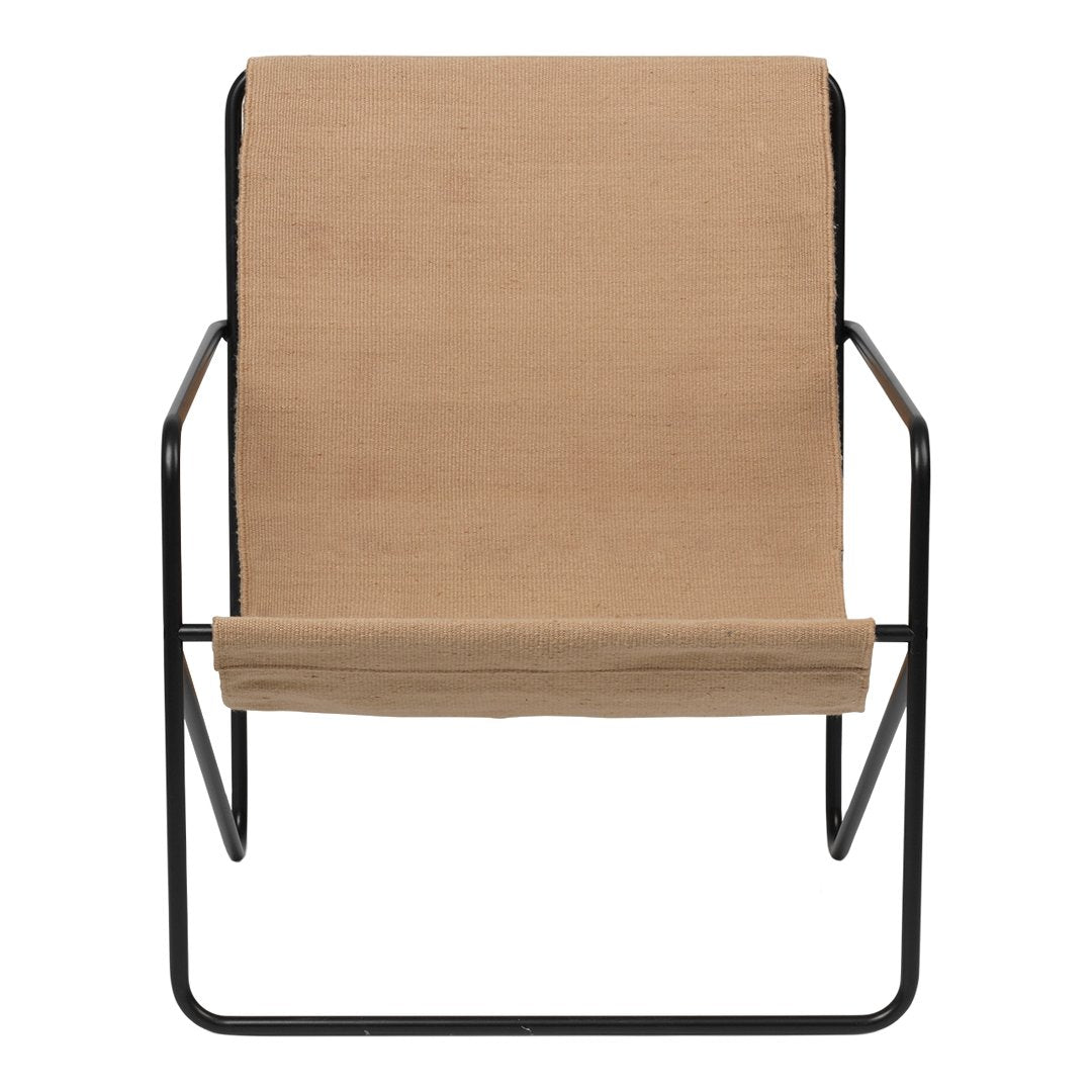 Beige fabric lounge chair with a sleek black metal frame, offering a modern minimalist design.