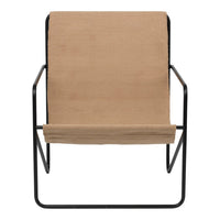 Beige fabric lounge chair with a sleek black metal frame, offering a modern minimalist design.