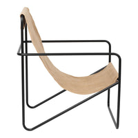Beige fabric seat with a sleek black metal frame, featuring a modern minimalist design and clean lines.