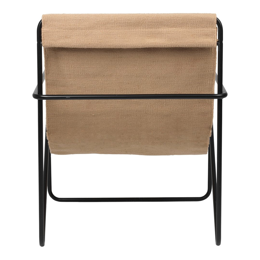 Beige fabric chair with a minimalist black metal frame, offering a modern, neutral aesthetic.