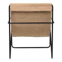 Beige fabric chair with a minimalist black metal frame, offering a modern, neutral aesthetic.