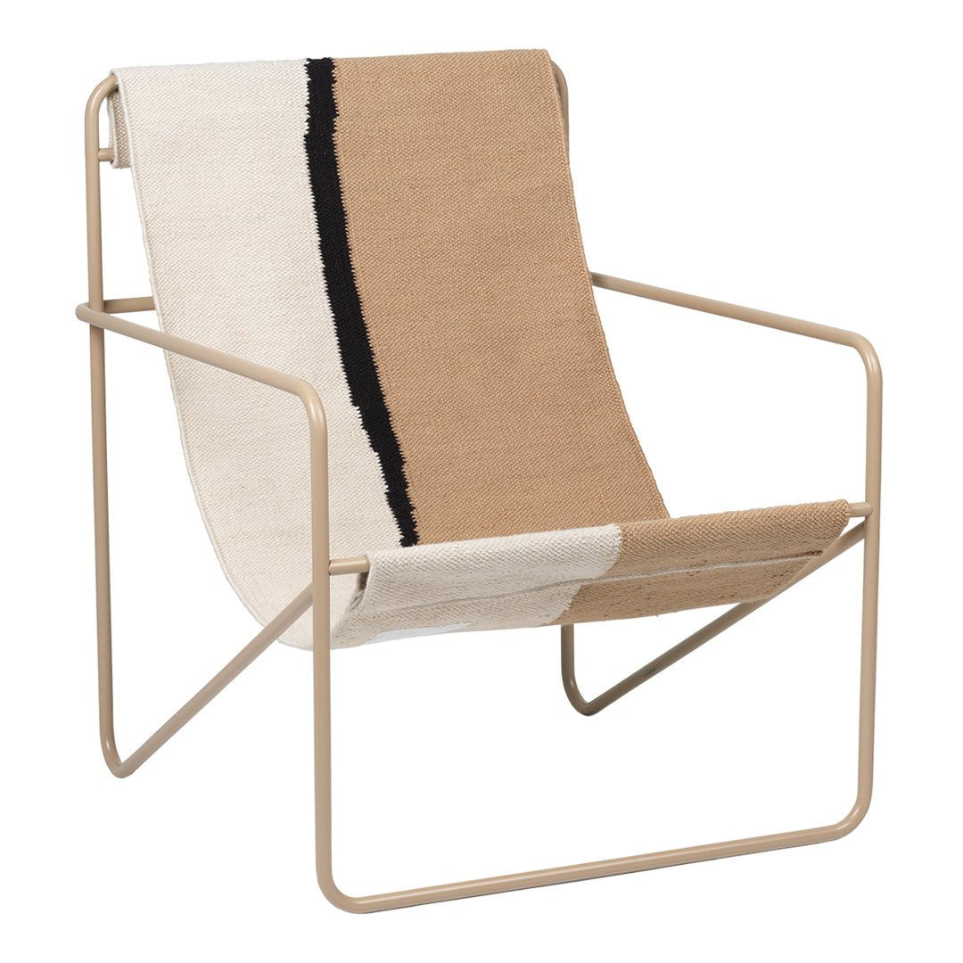 Beige and cream chair with bold black stripe pattern, featuring a modern, minimalist design. Perfect for stylish spaces.