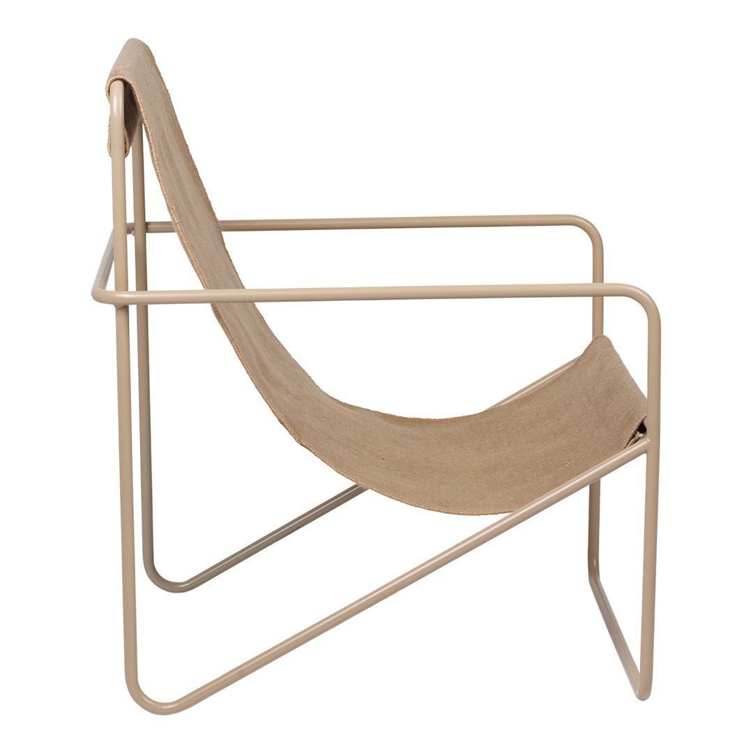 Beige fabric lounge chair with a sleek metal frame and minimalist design. Perfect for modern decor.