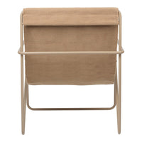 Tan fabric chair with a minimalist beige frame, featuring a simple, smooth design. Perfect for modern settings.