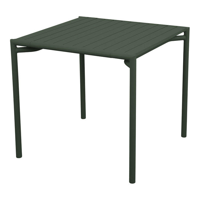 "Square outdoor table in dark green with a textured, slatted surface and sleek, minimal legs."