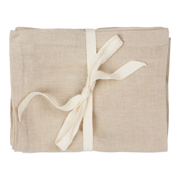 Natural beige linen fabric bundle tied with a cream ribbon. Soft texture with a simple, elegant look.