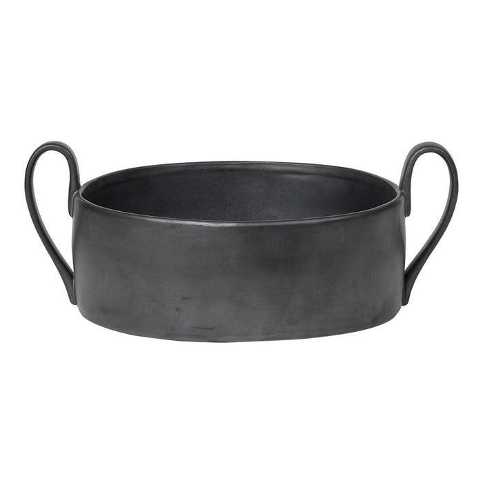 "Elegant black oval metal bowl with curved handles, featuring a smooth, matte texture."