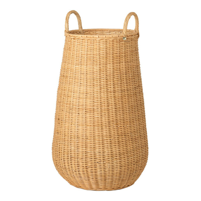 Natural woven wicker basket with a warm, tan hue and simple, textured pattern. Ideal for storage and decor.
