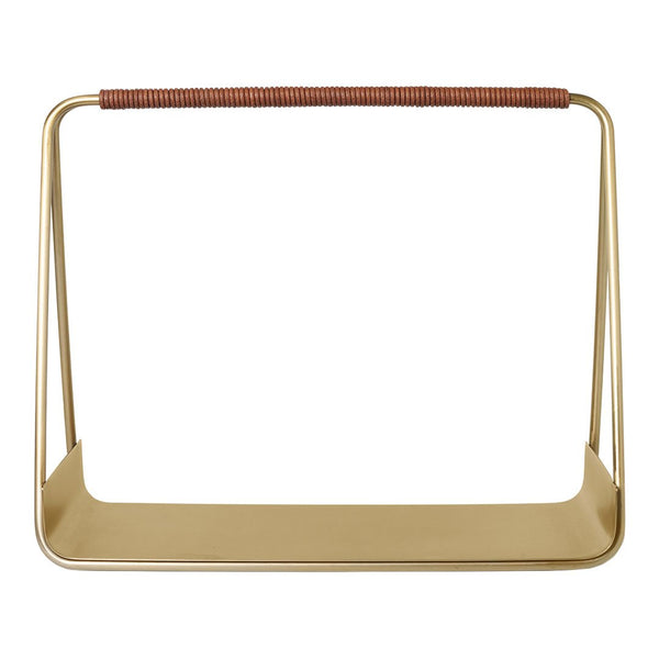 "Gold metal tray with a textured brown handle, featuring a sleek modern design and minimalist aesthetic."