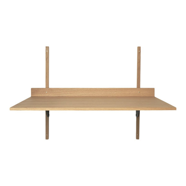 Natural wood wall shelf with a sleek, minimalist design in light oak finish, showcasing a smooth surface and straight lines.