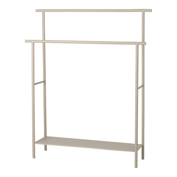 Neutral beige open wardrobe with minimalist design, featuring clean lines and a simple, modern pattern.