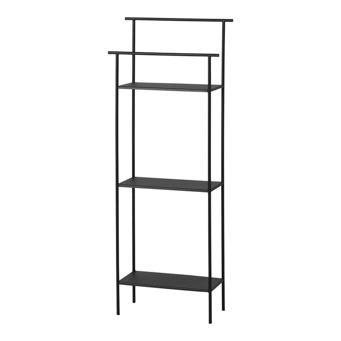 Black metal open shelving unit with three levels and minimalist design.