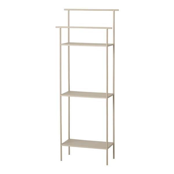 Light beige metal shelving unit with clean lines and a minimalistic design. Perfect for organized storage.