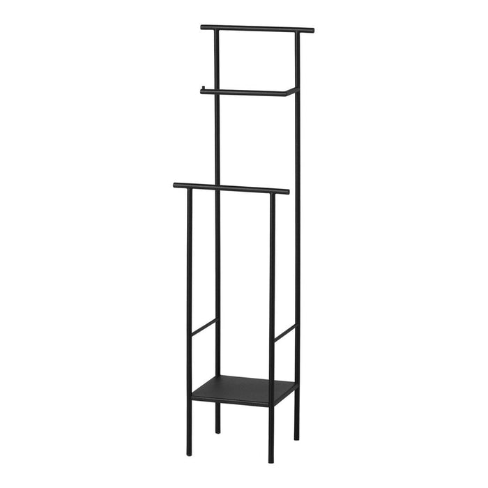 Stylish black metal shelving unit with minimalist design featuring clean lines and seamless geometric patterns.