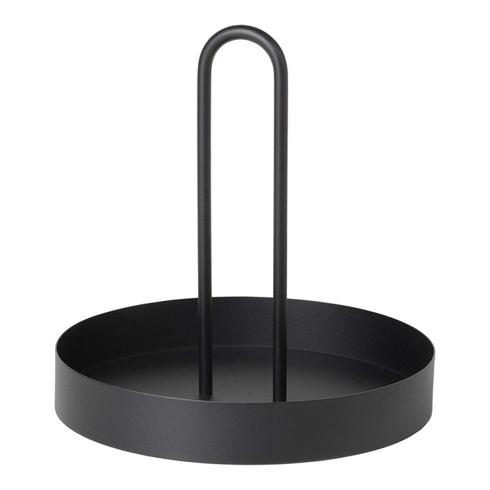Black round tray with a minimalist design and a sturdy handle, featuring a smooth finish. Perfect for stylish organization.