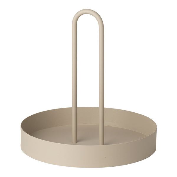 Beige round tray with a simple handle, featuring a smooth, matte finish and minimalistic design.