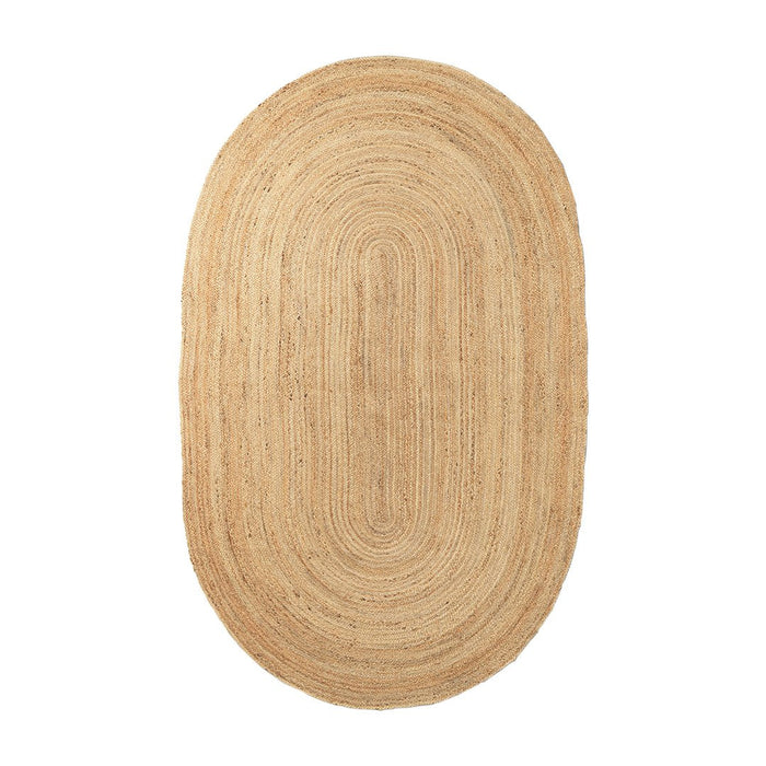 Natural jute rug in an oval shape featuring a textured, braided pattern in warm beige tones.