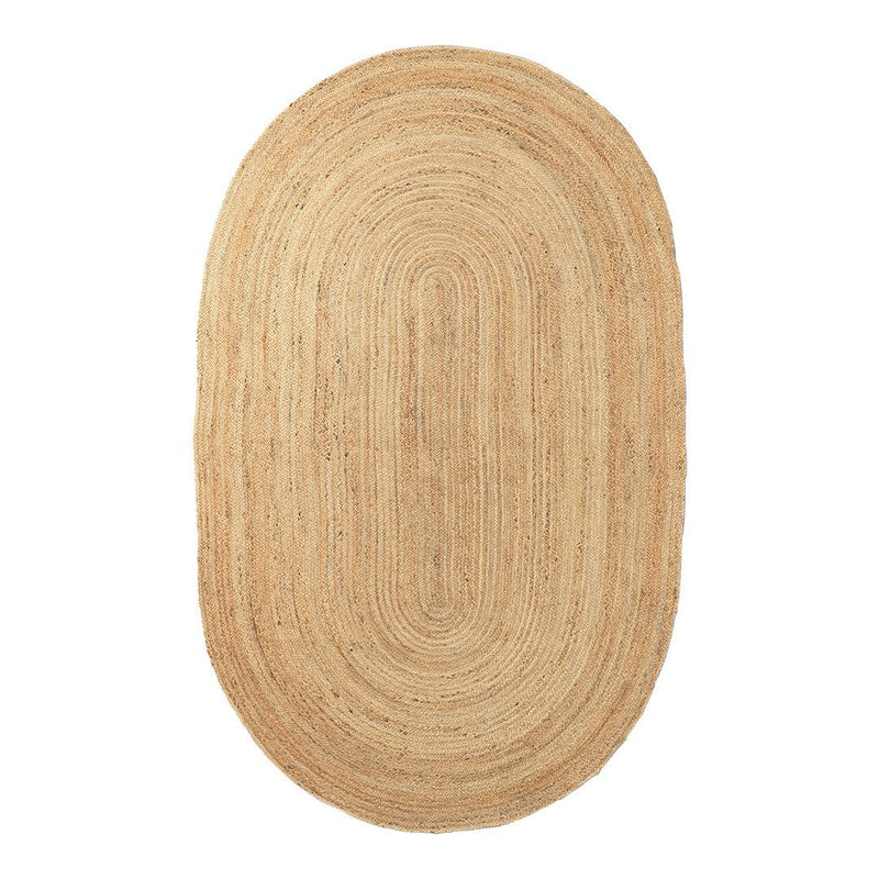 Oval jute rug in natural beige with layered concentric patterns, perfect for adding texture to any space.