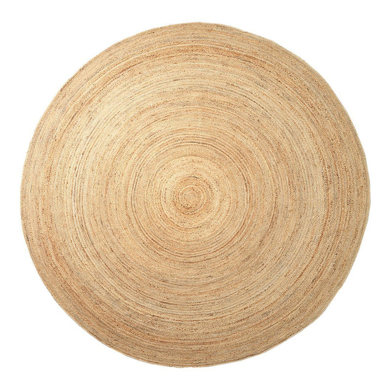 Natural woven circular rug in shades of beige and tan, featuring a textured spiral pattern. Ideal for neutral decor.