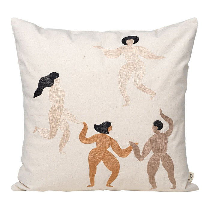 Beige pillow featuring abstract human figures in earthy tones: brown, tan, and soft pink on a natural background.