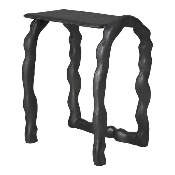 Black textured stool with wavy, sculptural legs and a sleek rectangular top, showcasing modern design aesthetics.