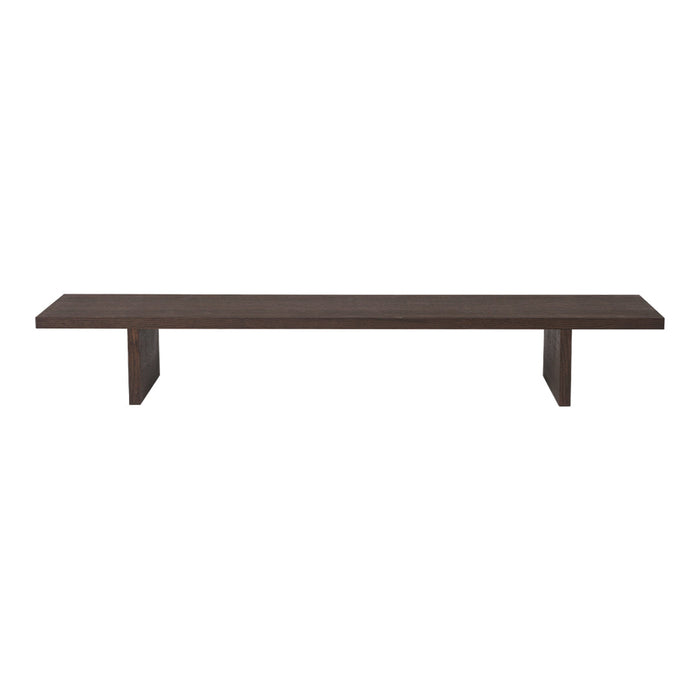 Dark brown wooden bench with a sleek, minimalist design and smooth finish. Ideal for modern decor.