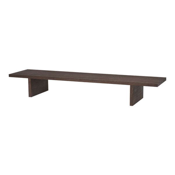 Dark brown rectangular wooden shelf with a smooth, minimalist design and sturdy, angled support legs.