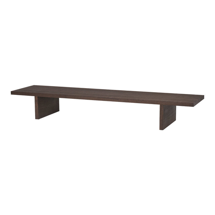 Dark brown rectangular wooden shelf with a smooth, minimalist design and sturdy, angled support legs.