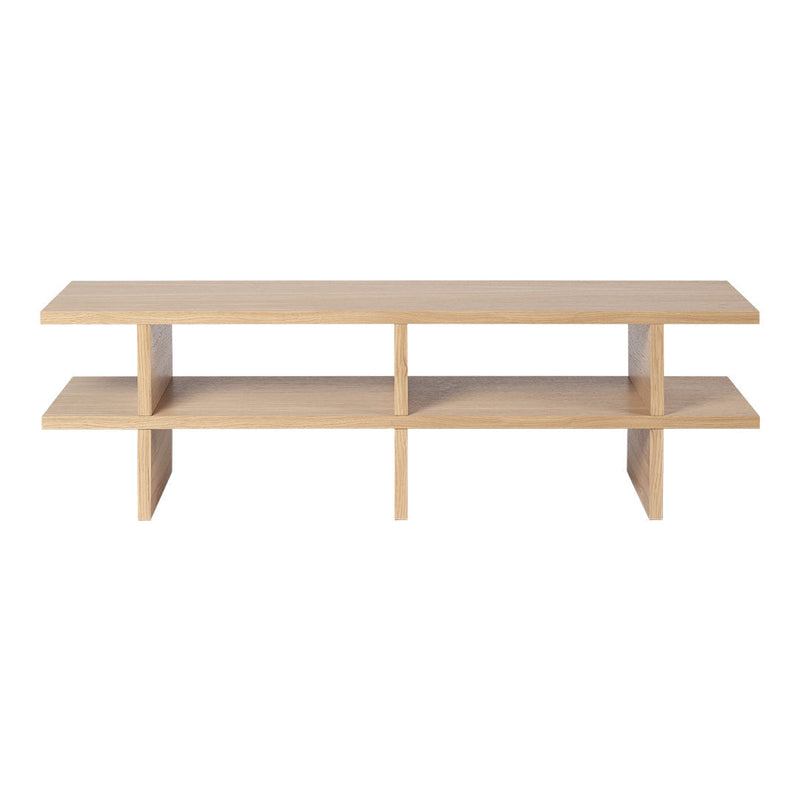Light natural wood TV stand with a minimalist design, featuring open shelves and a smooth finish.