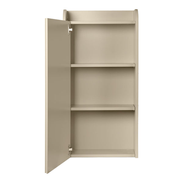Beige shelving unit with a smooth finish, featuring three open shelves and a minimalist design. Perfect for modern decor.