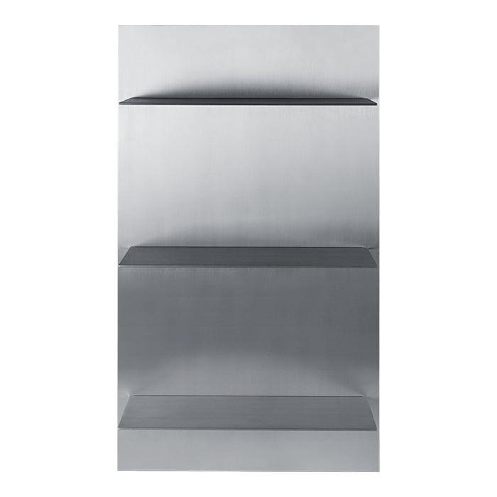 Modern stainless steel shelf unit with a sleek, shiny finish and minimalist design. Ideal for contemporary spaces.