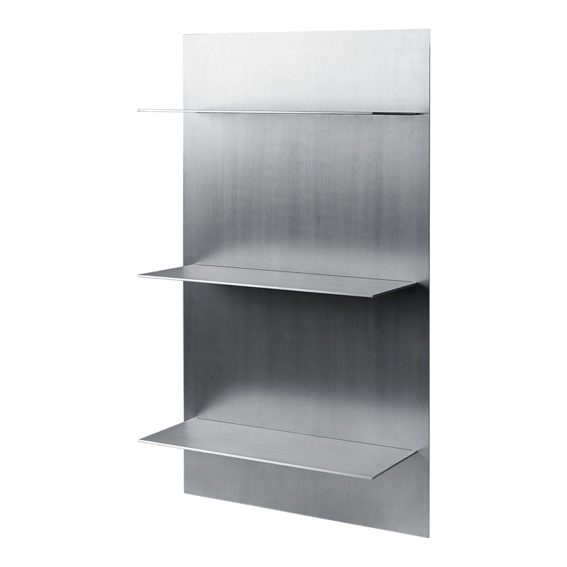 Sleek silver metal shelving unit with a smooth, brushed finish and three open shelves for modern storage solutions.