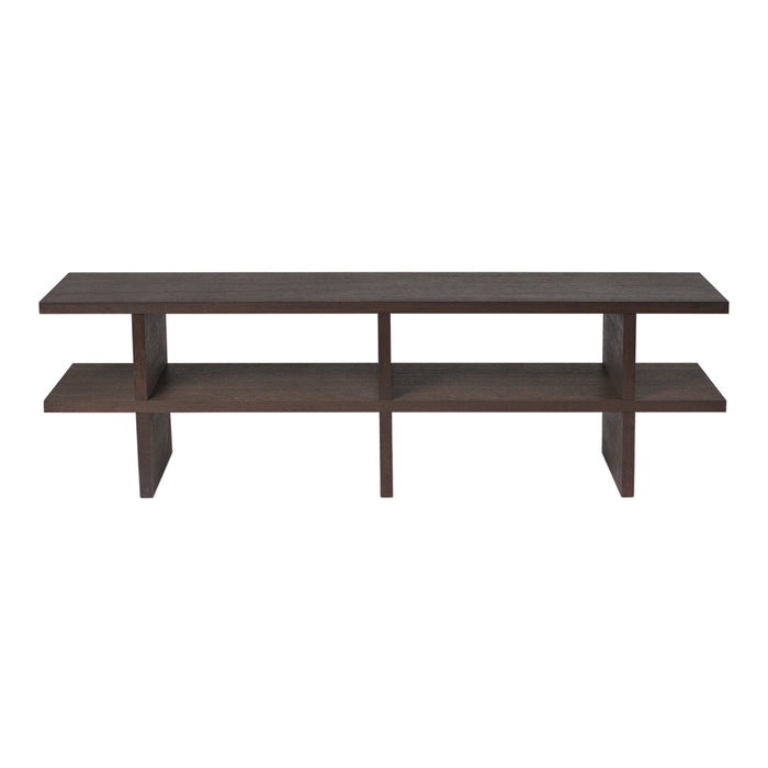 Dark brown wooden shelf with a sleek, minimalist design and open shelves for versatile storage options.